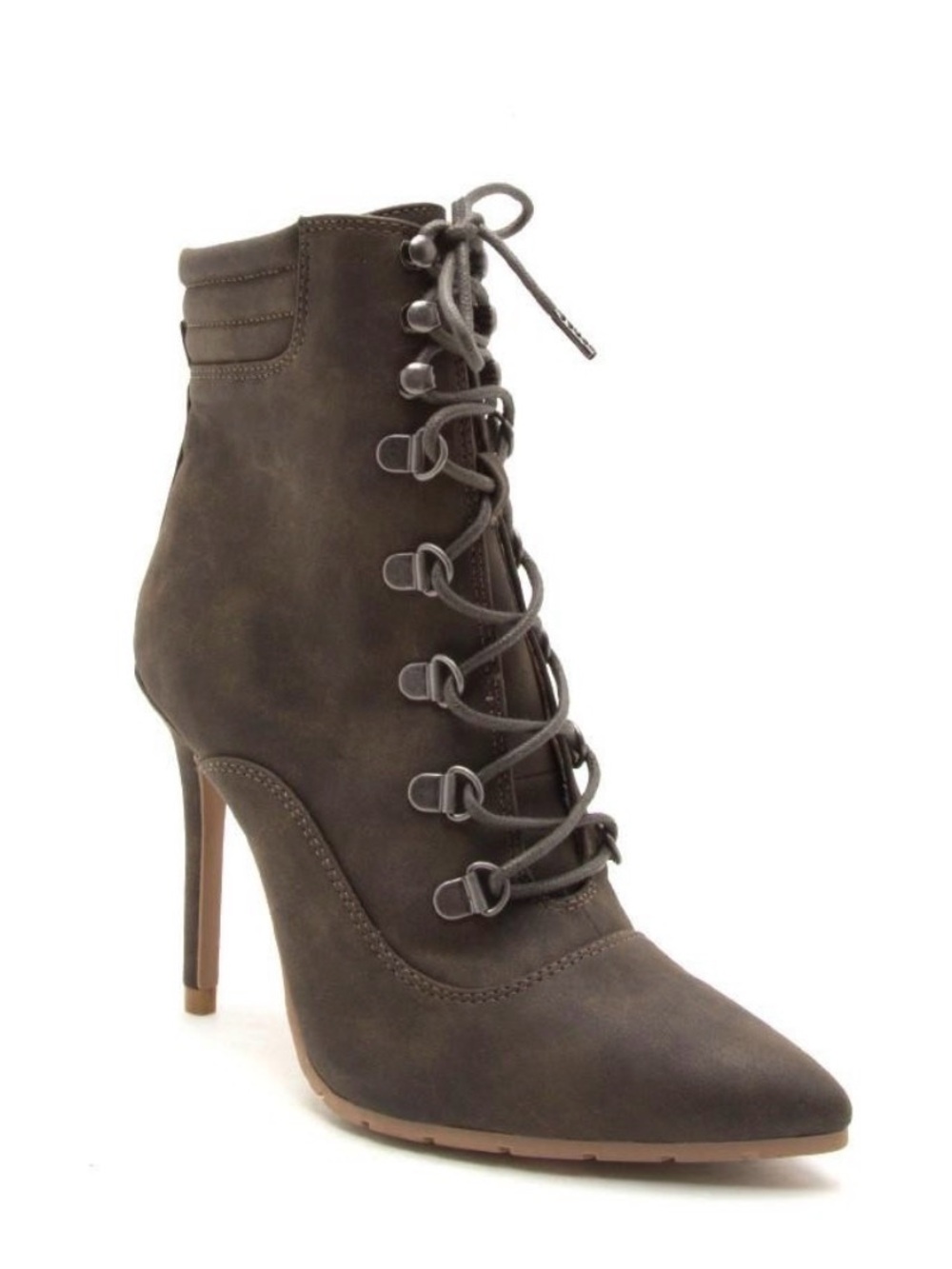 Qupid Brown Lace-Up Pointed Stiletto Ankle Boot